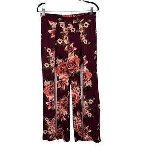 Maroon Floral High Rise Front Slit Wide Leg Pull On Palazzo Legging Pants M/L